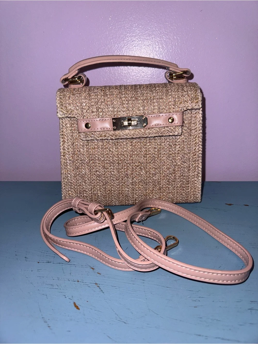 Versona Woven Crossbody Bag with Blush Pink Trim